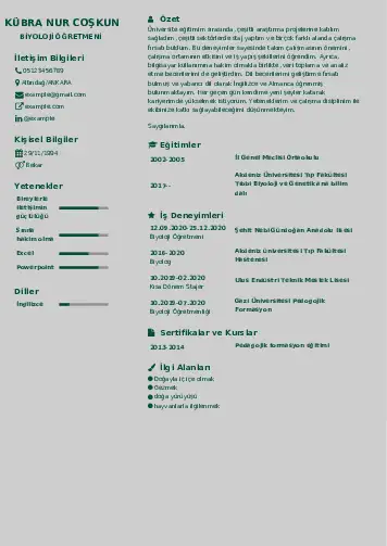 Biyoloji Öğretmeni CV Örnekleri cv indir